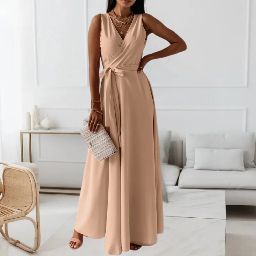 Elegante maxi vestido para mujer con un sofisticado escote en pico