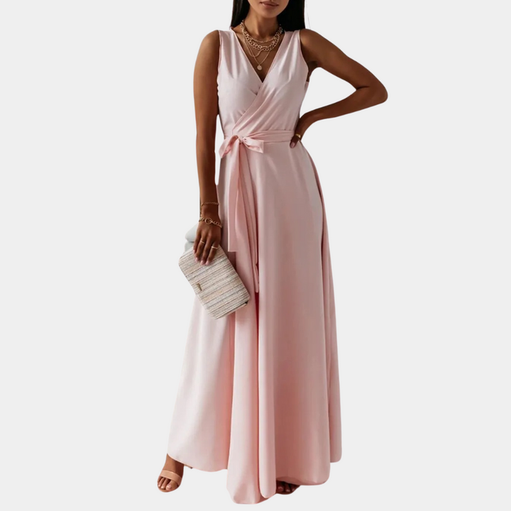 Elegante maxi vestido para mujer con un sofisticado escote en pico
