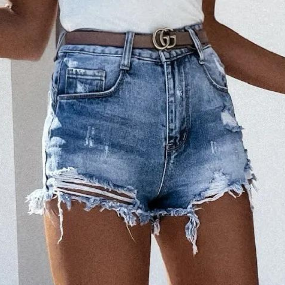 Denis - Pantalones cortos vaqueros rotos de cintura alta de moda con flecos