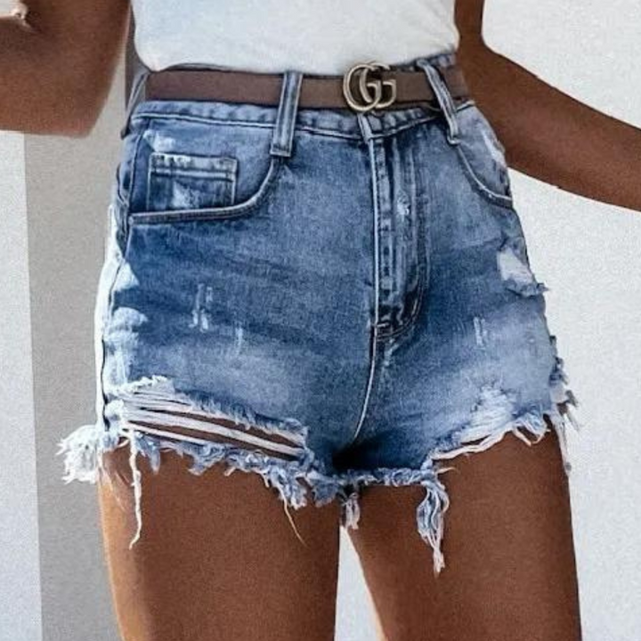Denis - Pantalones cortos vaqueros rotos de cintura alta de moda con flecos