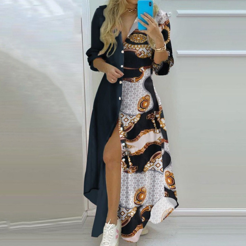 Antonia - Vestido glamuroso con estampado de periódico artístico único