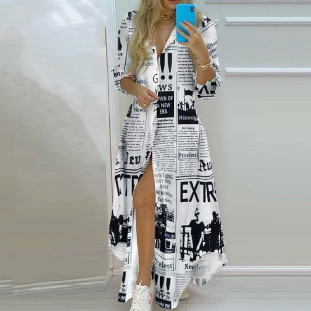 Antonia - Vestido glamuroso con estampado de periódico artístico único
