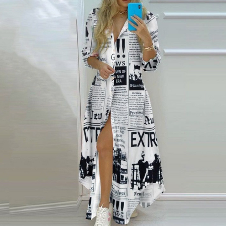 Antonia - Vestido glamuroso con estampado de periódico artístico único