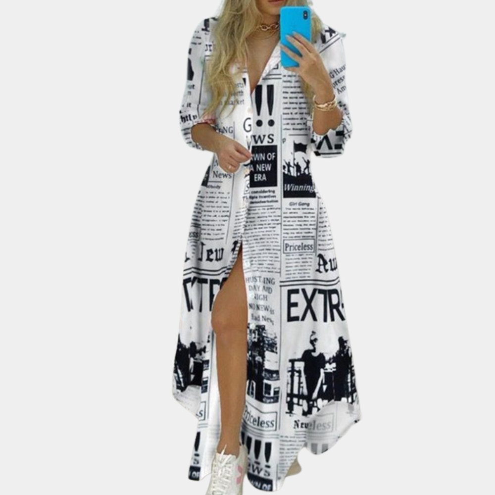 Antonia - Vestido glamuroso con estampado de periódico artístico único