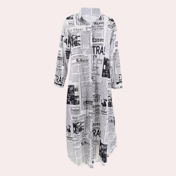Antonia - Vestido glamuroso con estampado de periódico artístico único