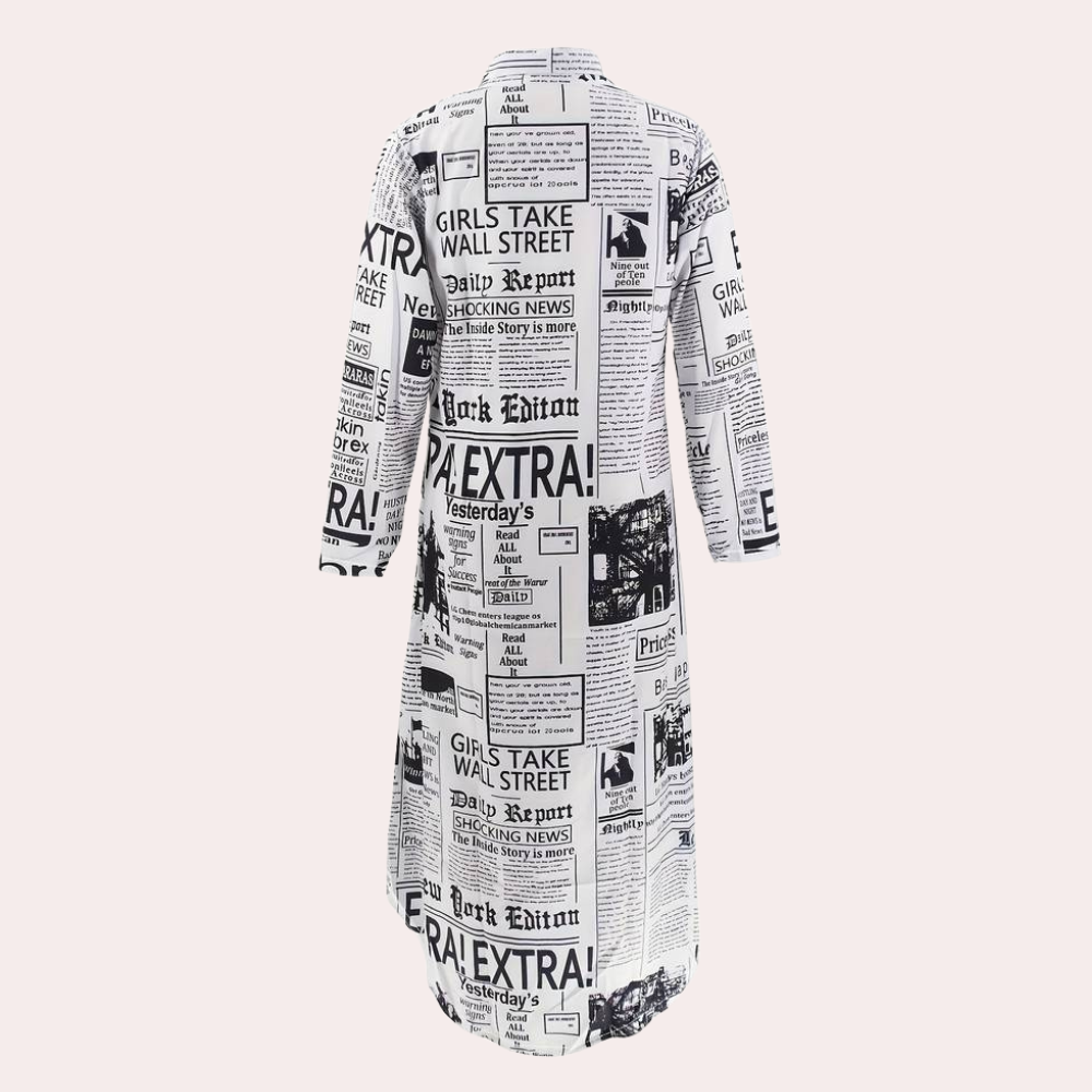Antonia - Vestido glamuroso con estampado de periódico artístico único