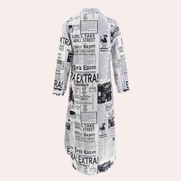 Antonia - Vestido glamuroso con estampado de periódico artístico único