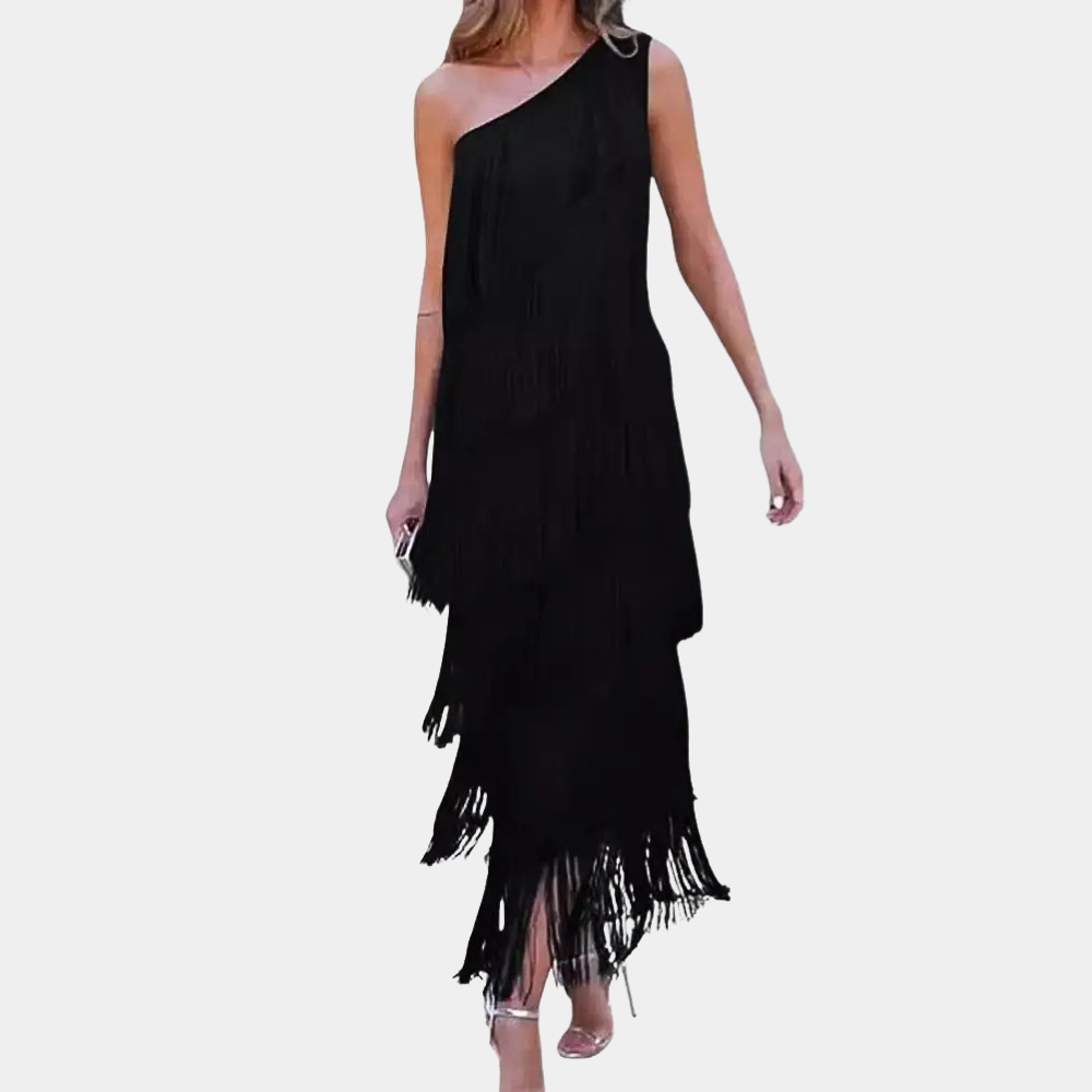 Elegante vestido de un hombro con borlas de Carol