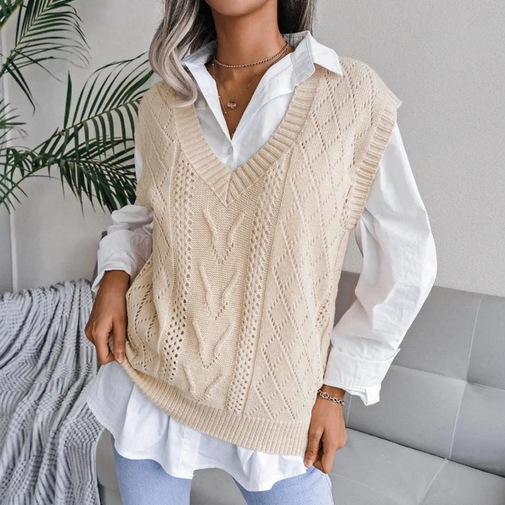 Arlette - Chaleco de mujer con cuello de pico y punto por cable para un look atemporal