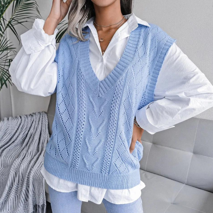 Arlette - Chaleco de mujer con cuello de pico y punto por cable para un look atemporal