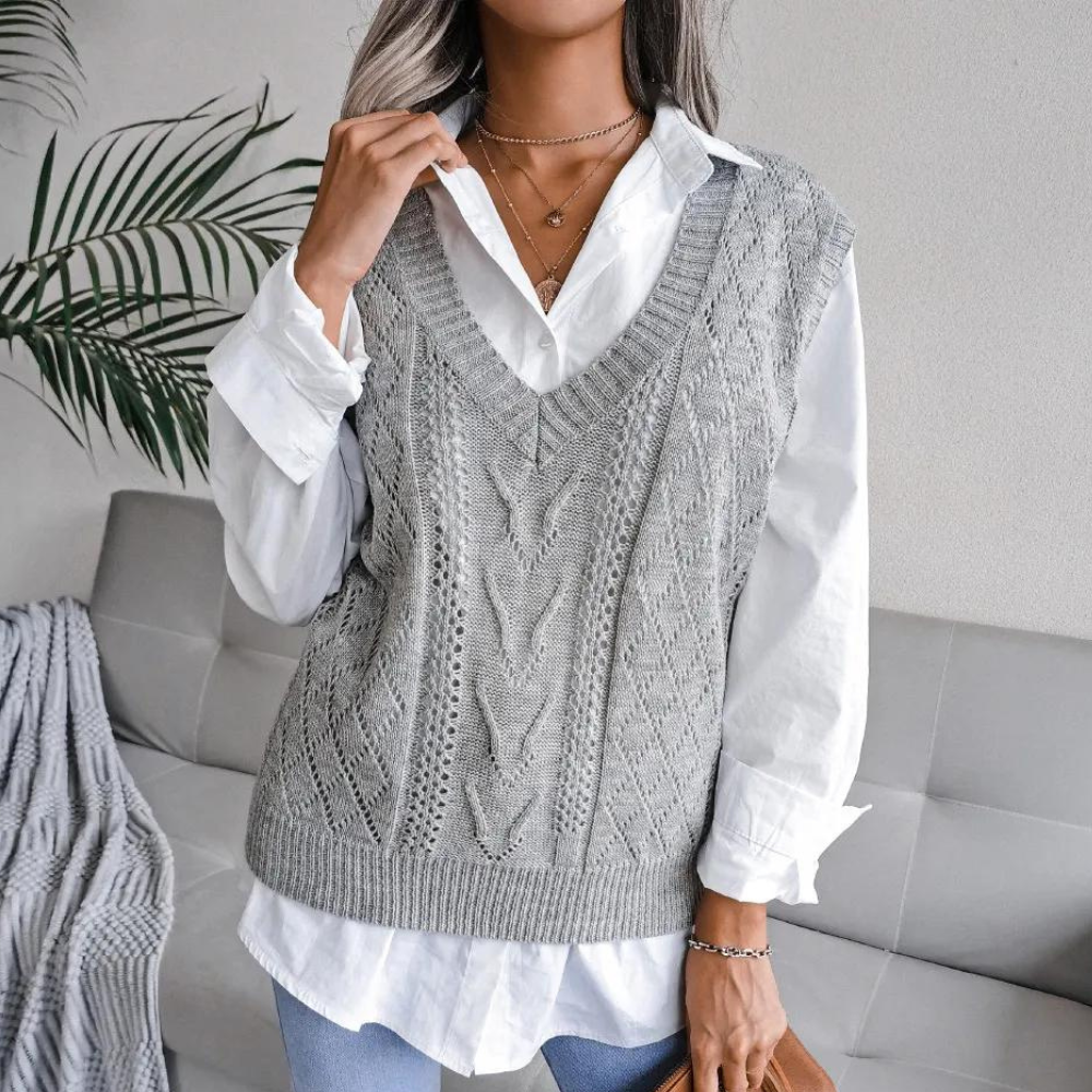 Arlette - Chaleco de mujer con cuello de pico y punto por cable para un look atemporal