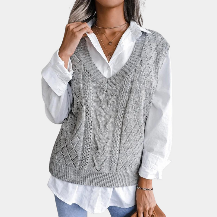 Arlette - Chaleco de mujer con cuello de pico y punto por cable para un look atemporal