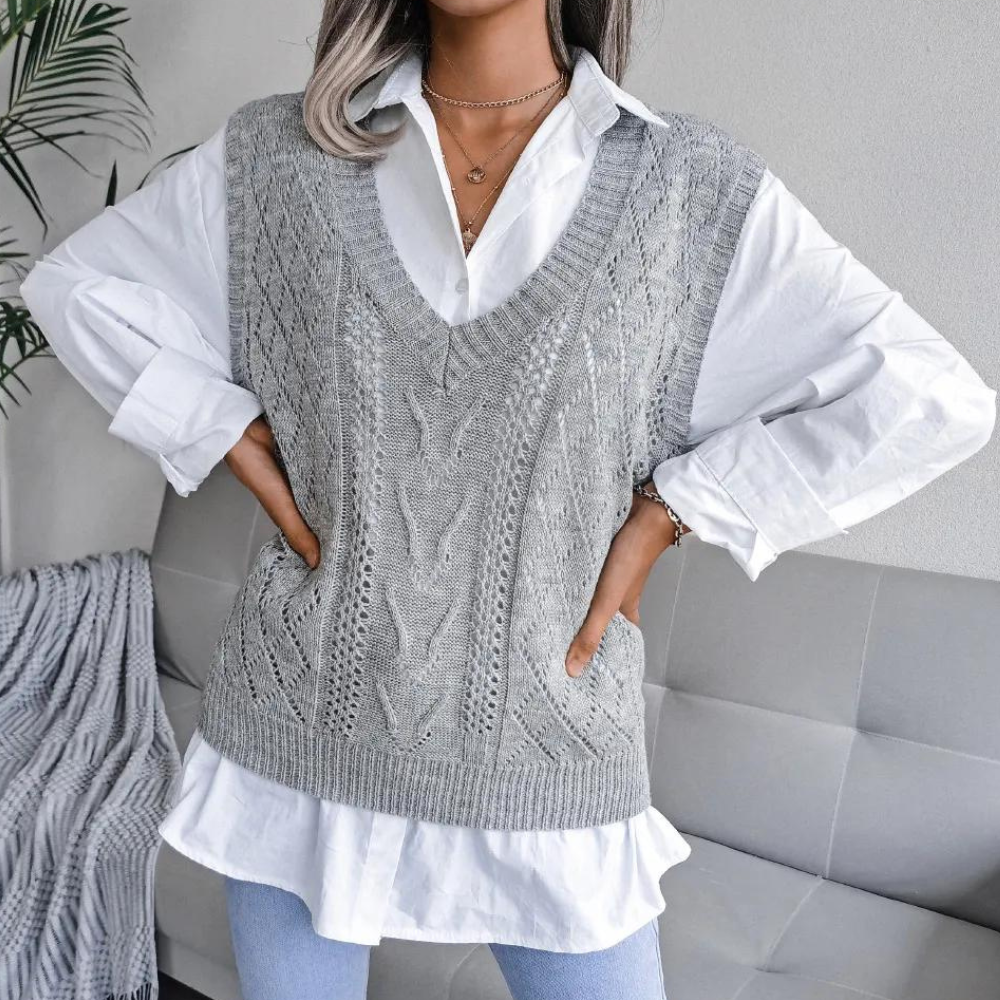 Arlette - Chaleco de mujer con cuello de pico y punto por cable para un look atemporal