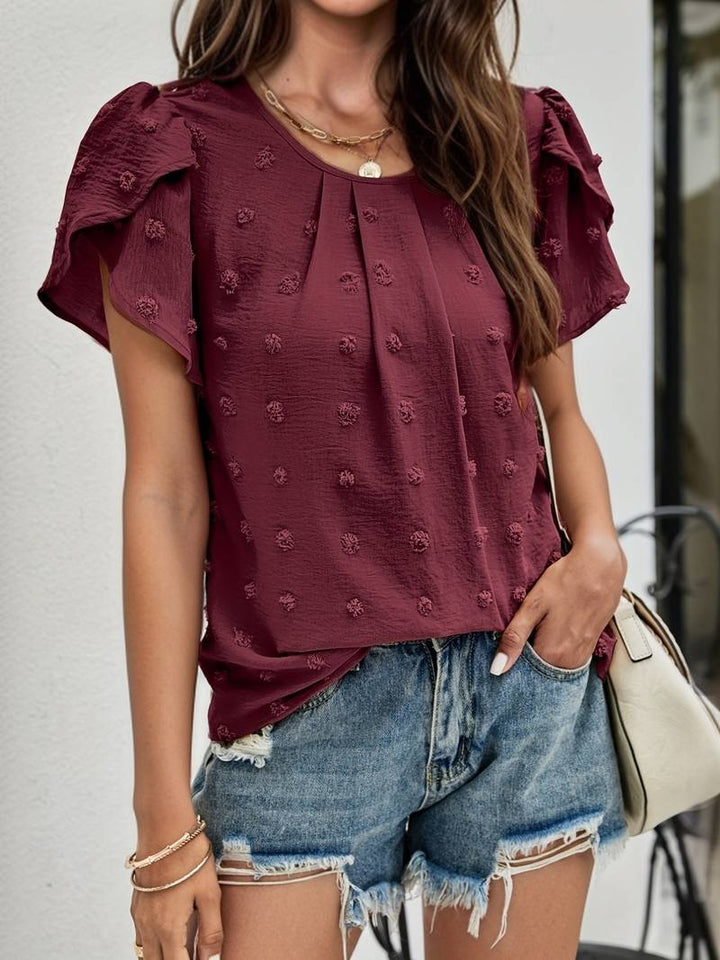 Charice - Elegante blusa de lunares suizos con mangas de pétalos para mujer