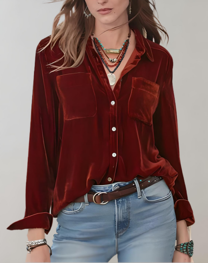 Sienna - Top de terciopelo vintage de lujo con botones para la mujer con estilo en tono otoñal