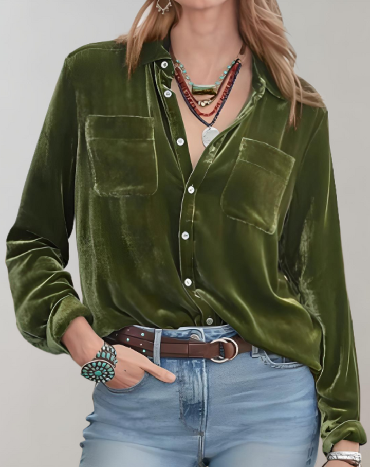 Sienna - Top de terciopelo vintage de lujo con botones para la mujer con estilo en tono otoñal
