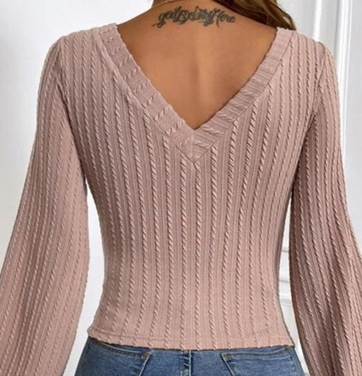 Frida - Elegante blusa otoñal de punto con cuello en V y manga larga para mujer