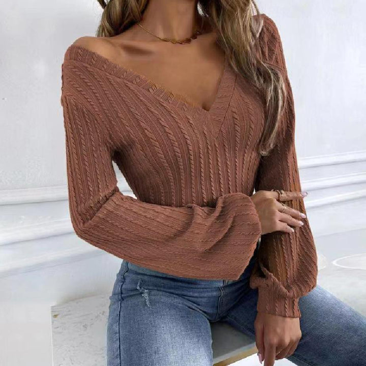 Frida - Elegante blusa otoñal de punto con cuello en V y manga larga para mujer