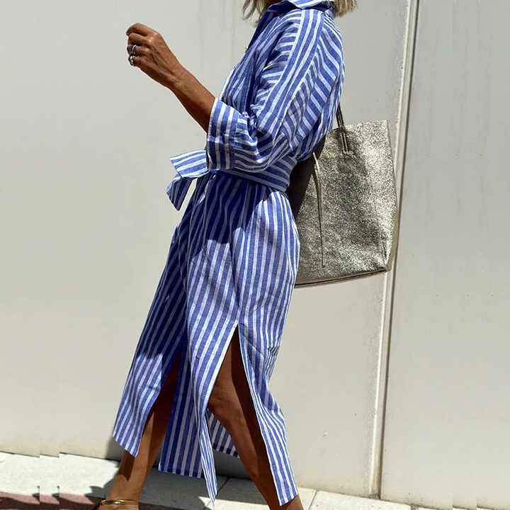 Beatriz™ - Vestido Camisa de Lino Rayado