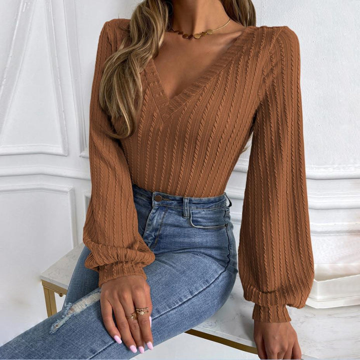 Frida - Elegante blusa otoñal de punto con cuello en V y manga larga para mujer