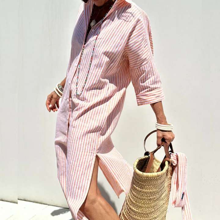 Beatriz™ - Vestido Camisa de Lino Rayado