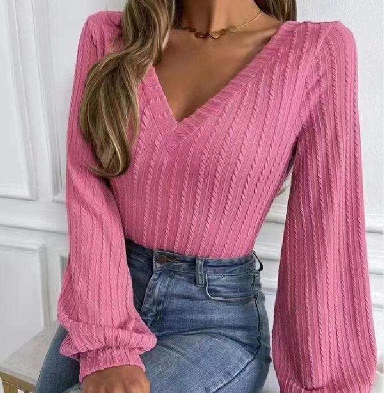 Frida - Elegante blusa otoñal de punto con cuello en V y manga larga para mujer