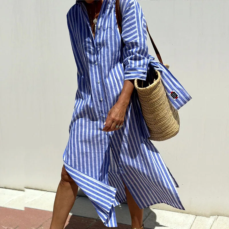 Beatriz™ - Vestido Camisa de Lino Rayado