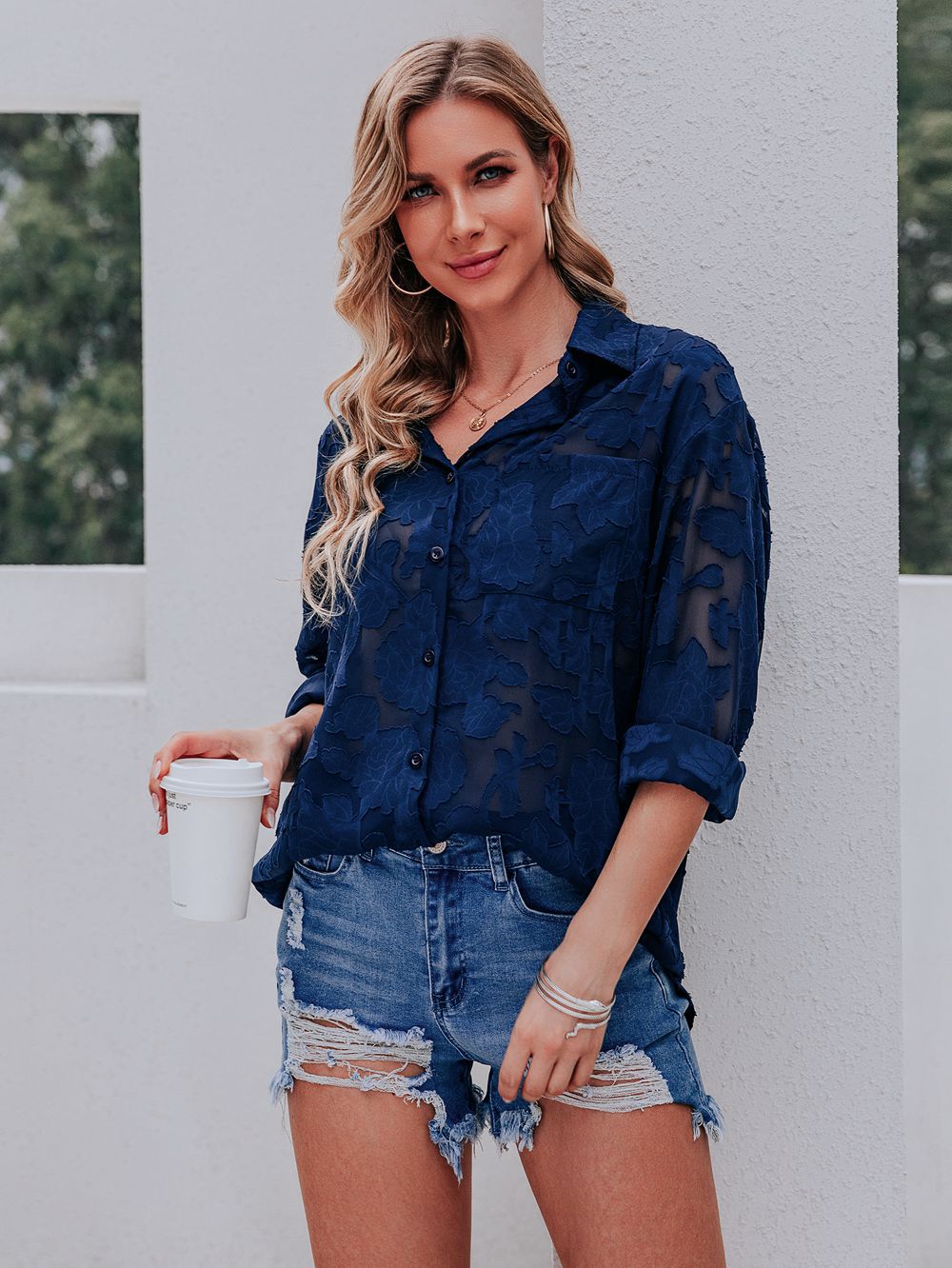 Madelyn - Elegante y cómoda blusa azul oscuro con estampado de moda para mujer