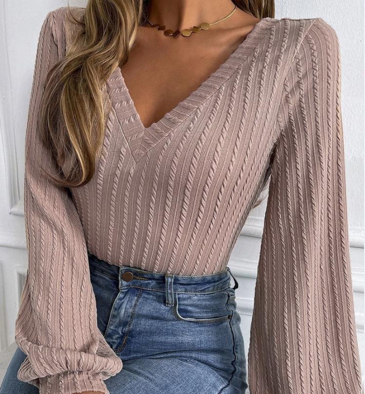 Frida - Elegante blusa otoñal de punto con cuello en V y manga larga para mujer
