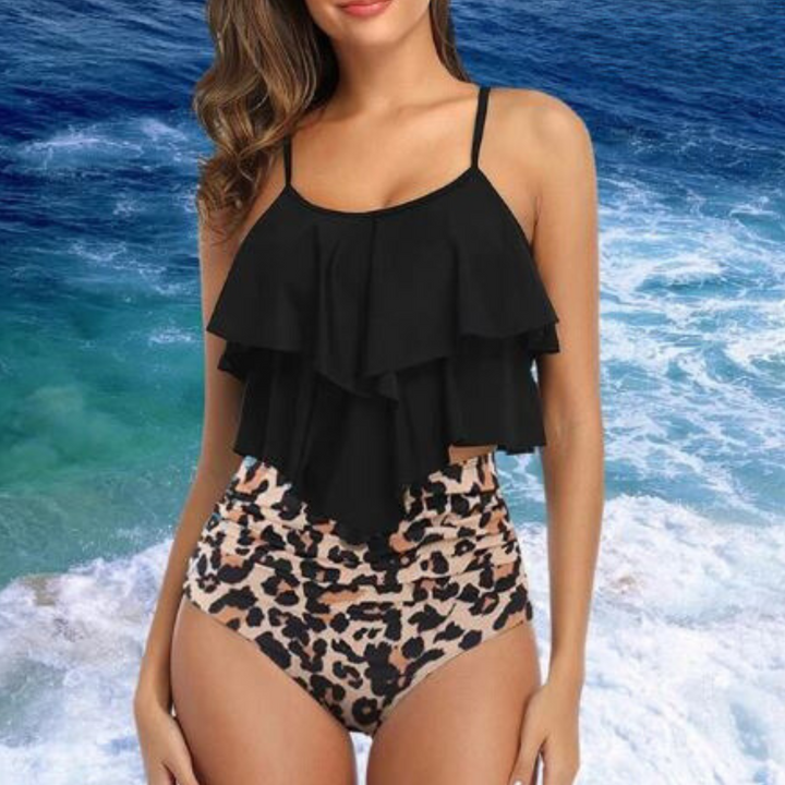 Cressida - Elegante top con volantes y bikini de cintura alta - Conjunto de lujo 2 piezas Tankini