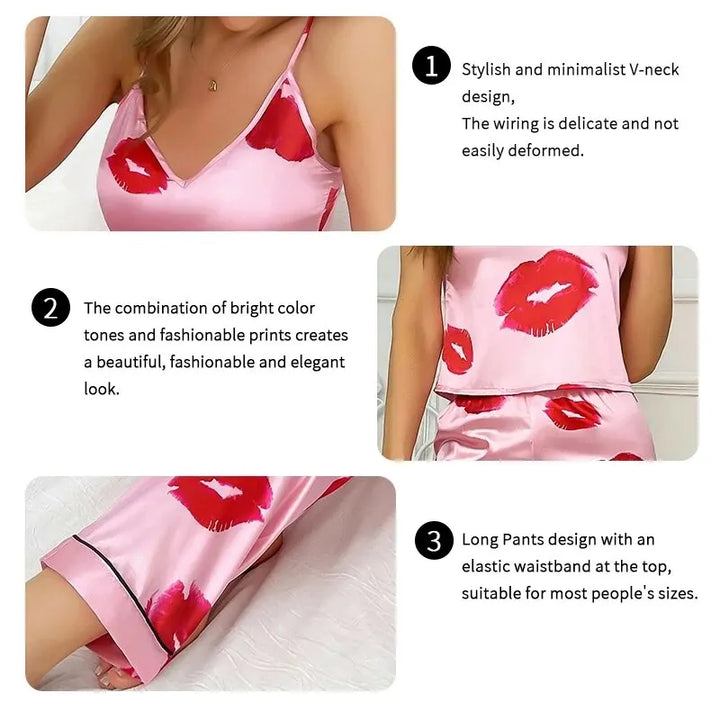 Rhea - Elegante conjunto de pijama de satén con estampado de labios para mujer