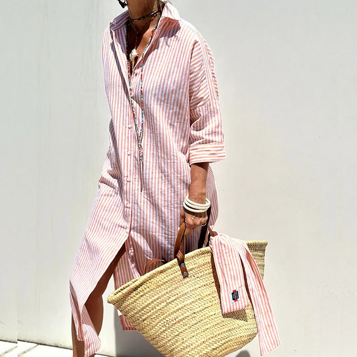 Beatriz™ - Vestido Camisa de Lino Rayado
