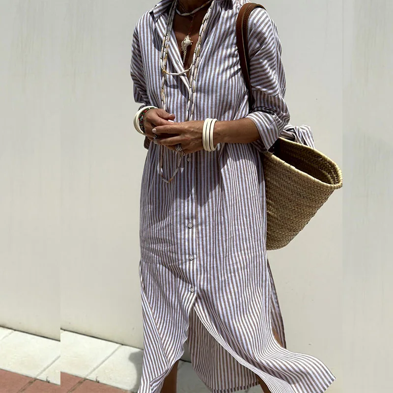 Beatriz™ - Vestido Camisa de Lino Rayado