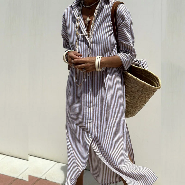 Beatriz™ - Vestido Camisa de Lino Rayado