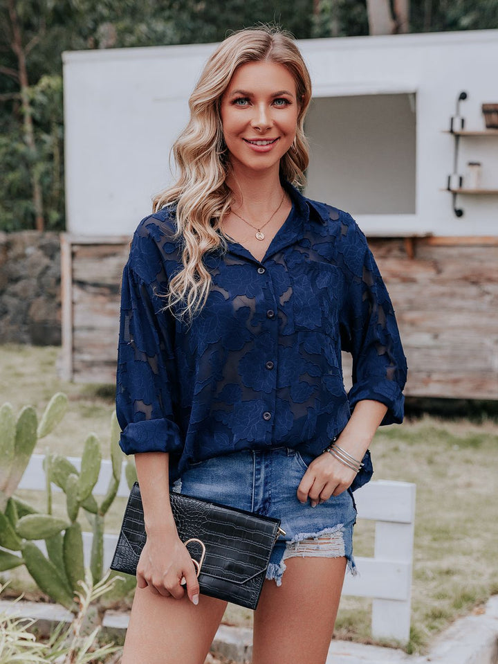 Madelyn - Elegante y cómoda blusa azul oscuro con estampado de moda para mujer
