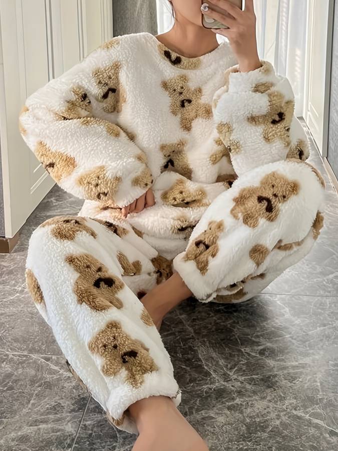 Danica - Cómodo conjunto de pijama para mujer con estampado de oso blanco