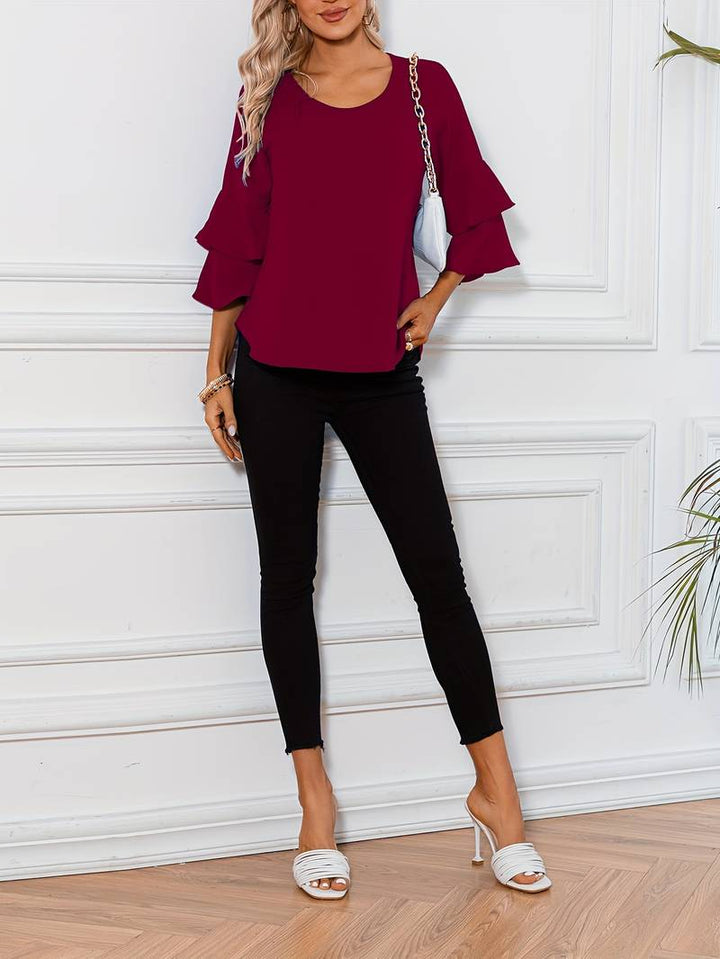 Emily - Camisa de moda con cuello redondo y elegantes mangas anchas acampanadas