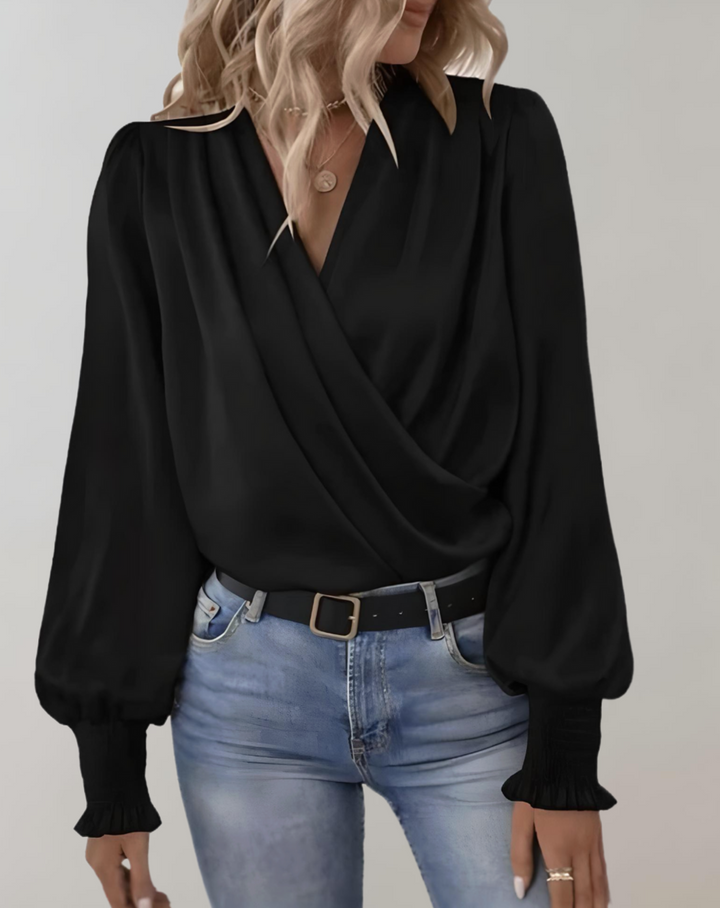 Elegante blusa de primavera con cuello en V y manga larga para mujer de Minda