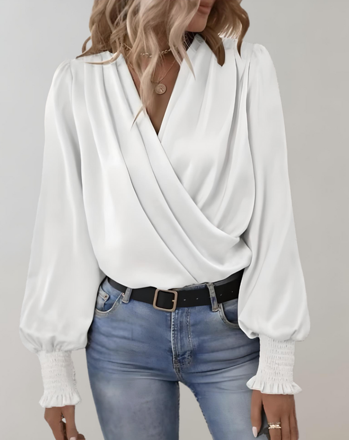 Elegante blusa de primavera con cuello en V y manga larga para mujer de Minda