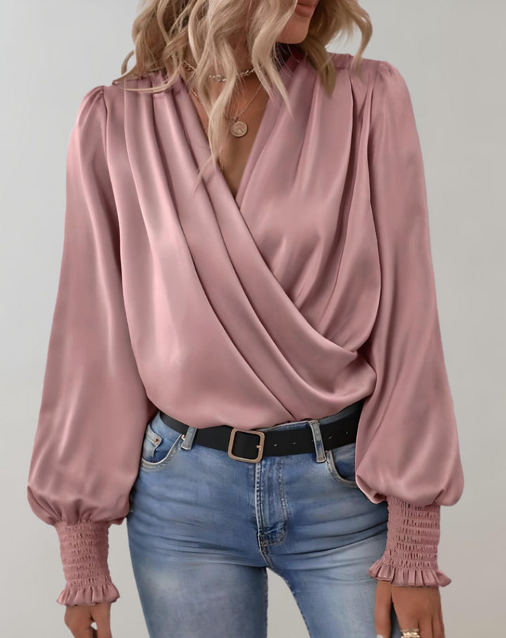 Elegante blusa de primavera con cuello en V y manga larga para mujer de Minda