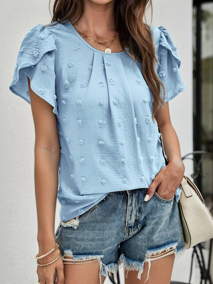 Charice - Elegante blusa de lunares suizos con mangas de pétalos para mujer