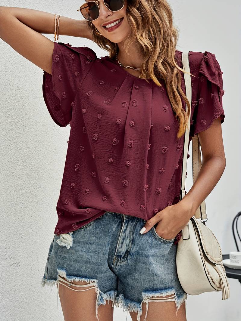 Charice - Elegante blusa de lunares suizos con mangas de pétalos para mujer