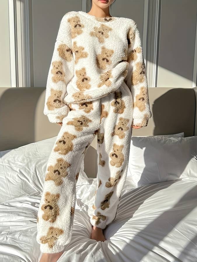 Danica - Cómodo conjunto de pijama para mujer con estampado de oso blanco