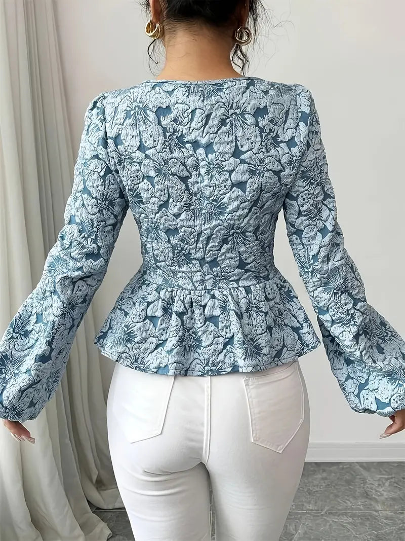 Elegante top de jacquard floral azul para mujer - Perfecto para el elegante otoño de Hazel