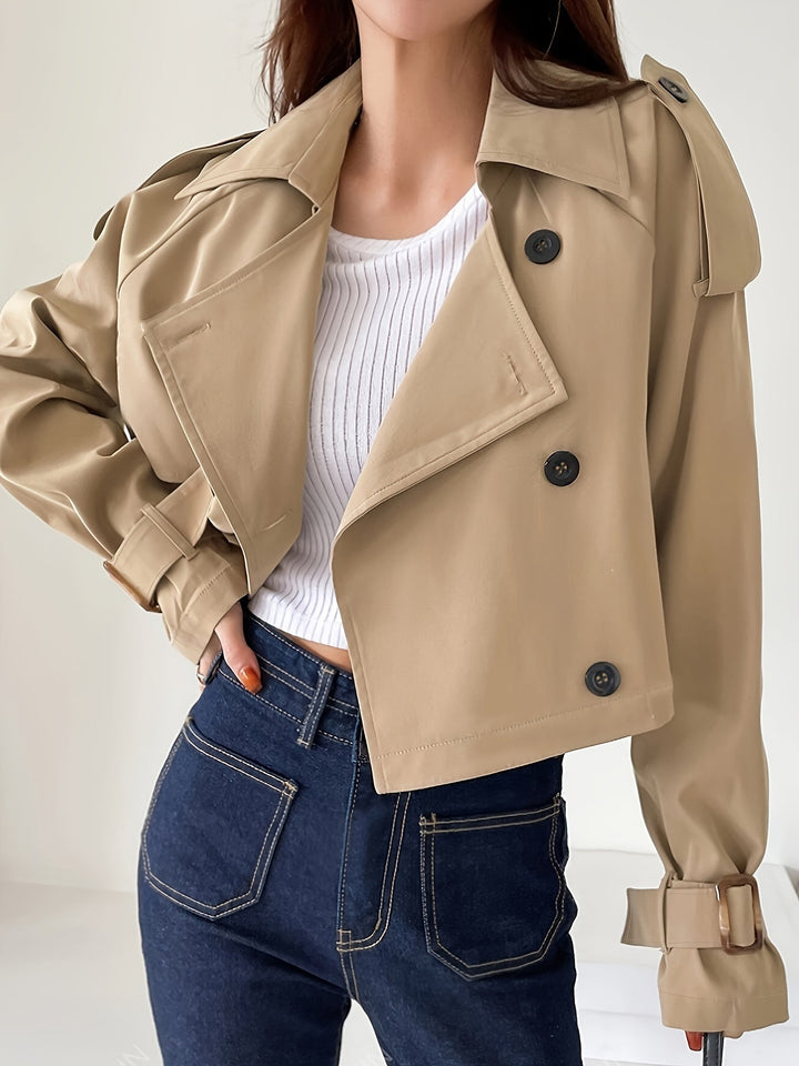 Evelyn - Elegante gabardina caqui con cuello de solapa y cierre de hebilla para mujer