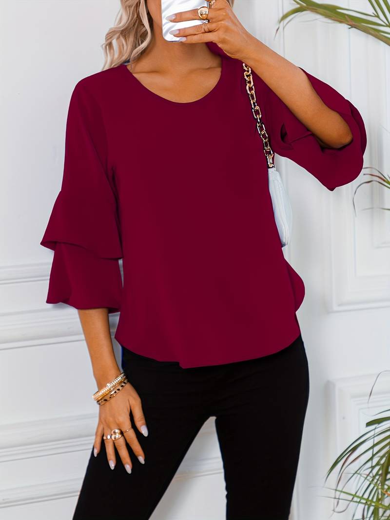 Emily - Camisa de moda con cuello redondo y elegantes mangas anchas acampanadas