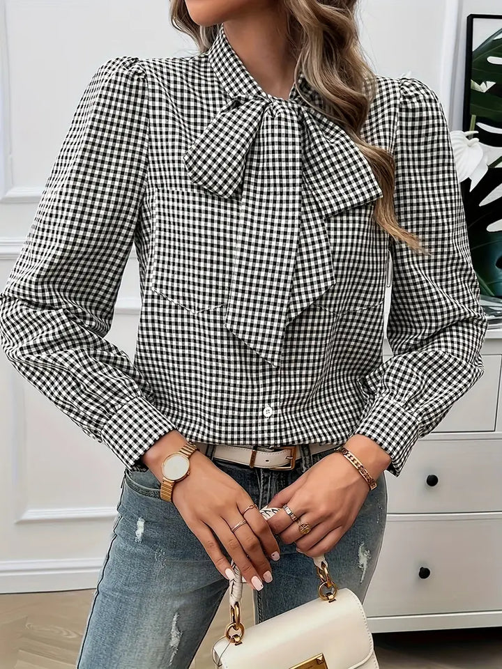 Aurora - Elegante blusa otoñal clásica a cuadros con lazo chic para mujer