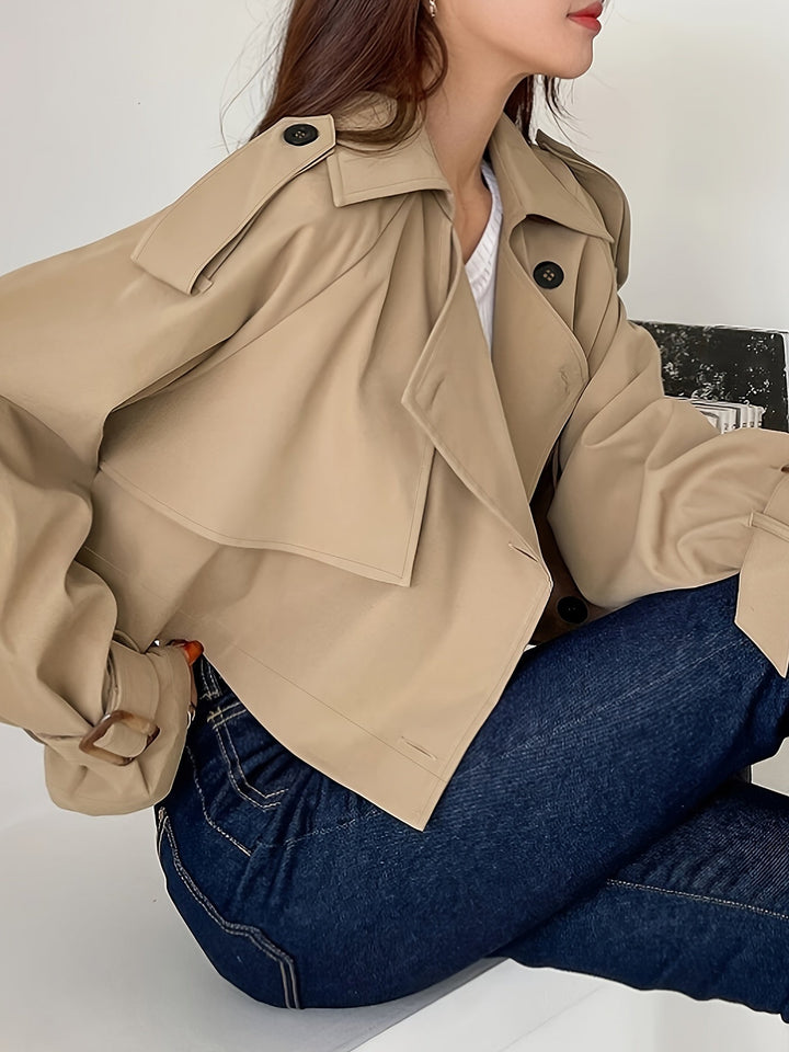 Evelyn - Elegante gabardina caqui con cuello de solapa y cierre de hebilla para mujer