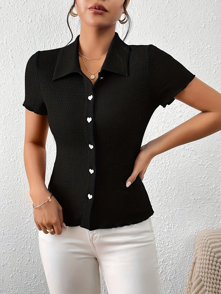 Maya - Elegante blusa negra con bonitos botones en forma de corazón para mujer