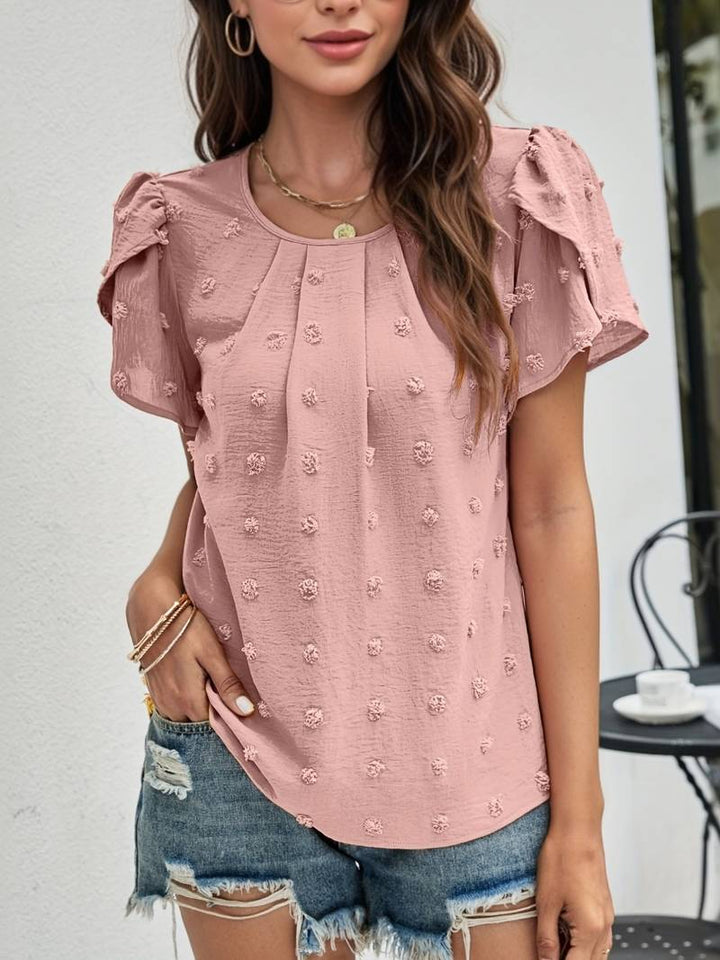 Charice - Elegante blusa de lunares suizos con mangas de pétalos para mujer
